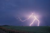 Forked cloud-to-ground lightning strikes a field in daylight