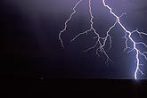 Close-up of a searing forked lightning bolt with long jagged branches.