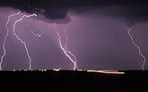 Jagged cloud-to-ground lightning bolts over city lights