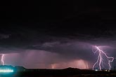 Forked lightning strikes under heavy storm clouds