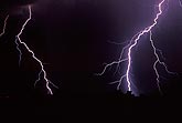 A close-up of brilliant forked lightning with a sheen of light
