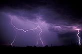 Loops of lightning in a rain curtain with a brilliant bolt