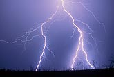 Close-up of a brilliant forked lightning bolt as it straddles the landscape