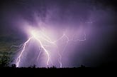 A brilliant explosion of lightning bolts illuminate a twilight shower