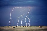 Cloud-to-ground lightning bolts over a hayfield in daylight