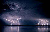 Lightning shimmers in its reflection on water