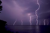 Cloud-to-ground lightning bolts over water