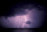 Cloud-to-ground lightning with scud in stormy night sky