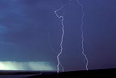 Close finely etched lightning strikes in a twilight sky
