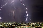 Close-up of jagged lightning over an expanse of city lights