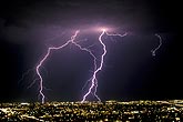 Forked and highly electric lightning over city lights