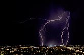 Lightning above city lights, viewed from a high point