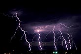 Powerful cloud-to-ground lightning discharges with city lights
