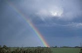 A rainbow arcs over green pastures in a gentle, meditative sky