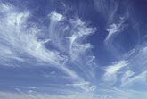 Feathery Cirrus cloud dances in a blue sky abstract