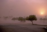 A thick dust storm blows down a city street
